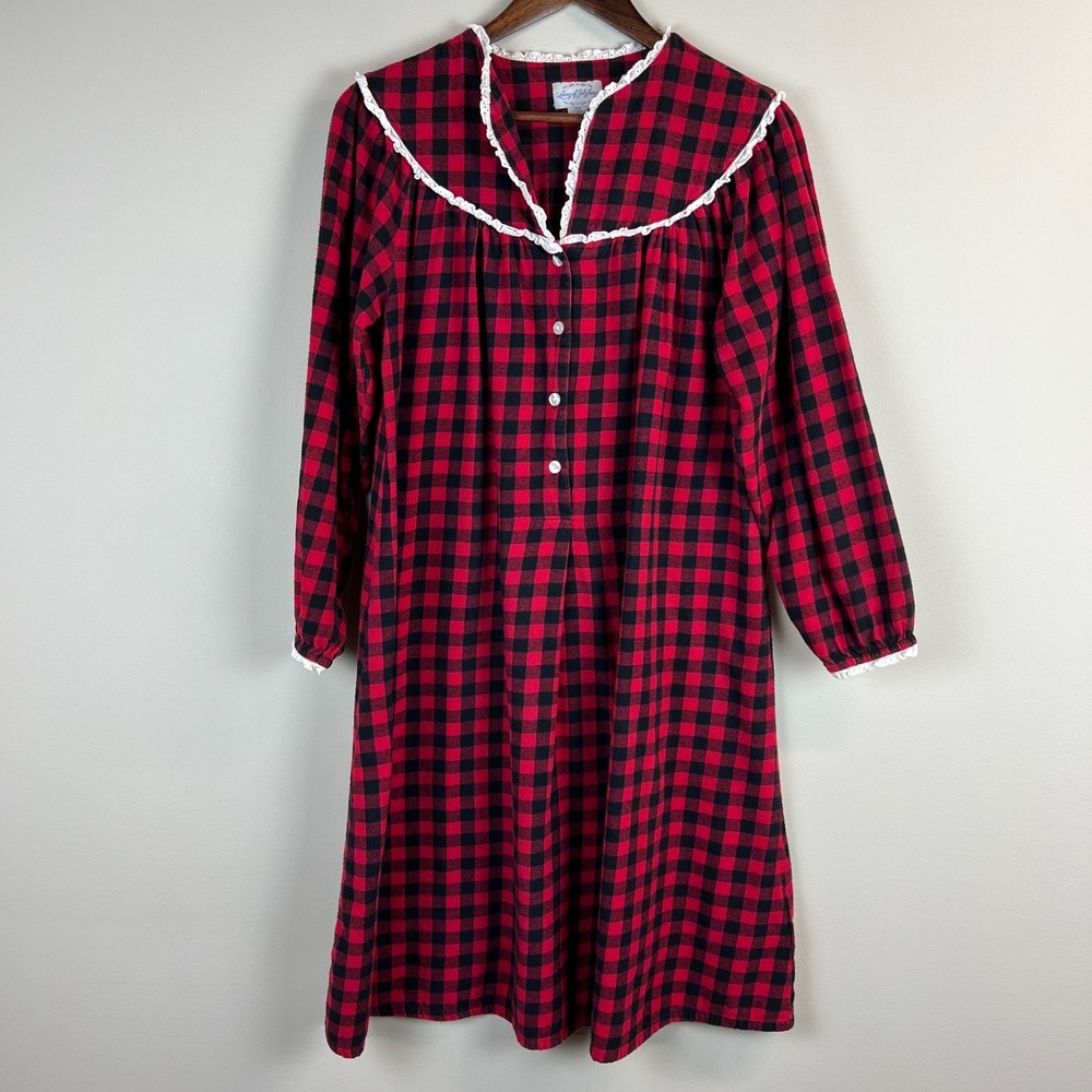 Lanz of Salzburg Flannel Nightgown Small Red Buffalo Plaid Lace Cottagecore Midi